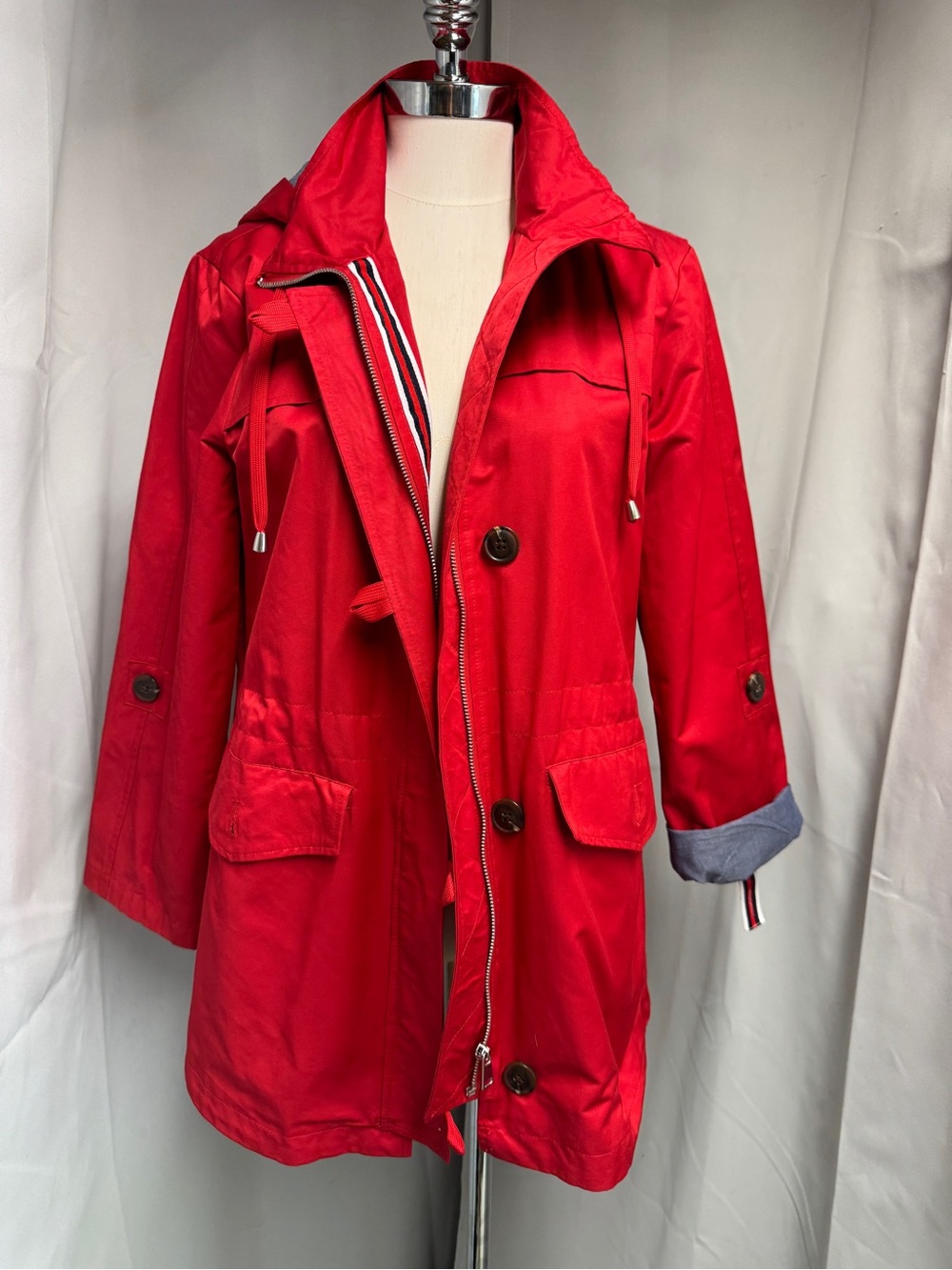 Women's Tribal Red Hooded Trench Coat with Button & Zip Front size m